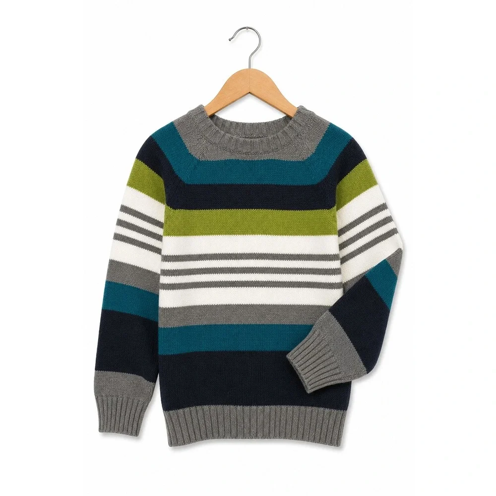 Gymboree Boys Striped Pullover Crewneck Sweater Blue Green Grey M 7-8‎ Snow Days
